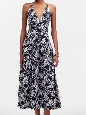 Madewell Floral V-Neck Midi Dress in Navy and White